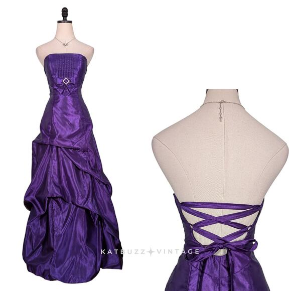 Vintage McClintock Prom Dress Maxi Ball Gown 2 Purple Y2K Corset Glam Strapless - Picture 1 of 13